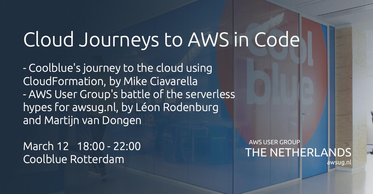 Banner for Cloud Journeys to AWS in Code, by Coolblue and Awsug.nl