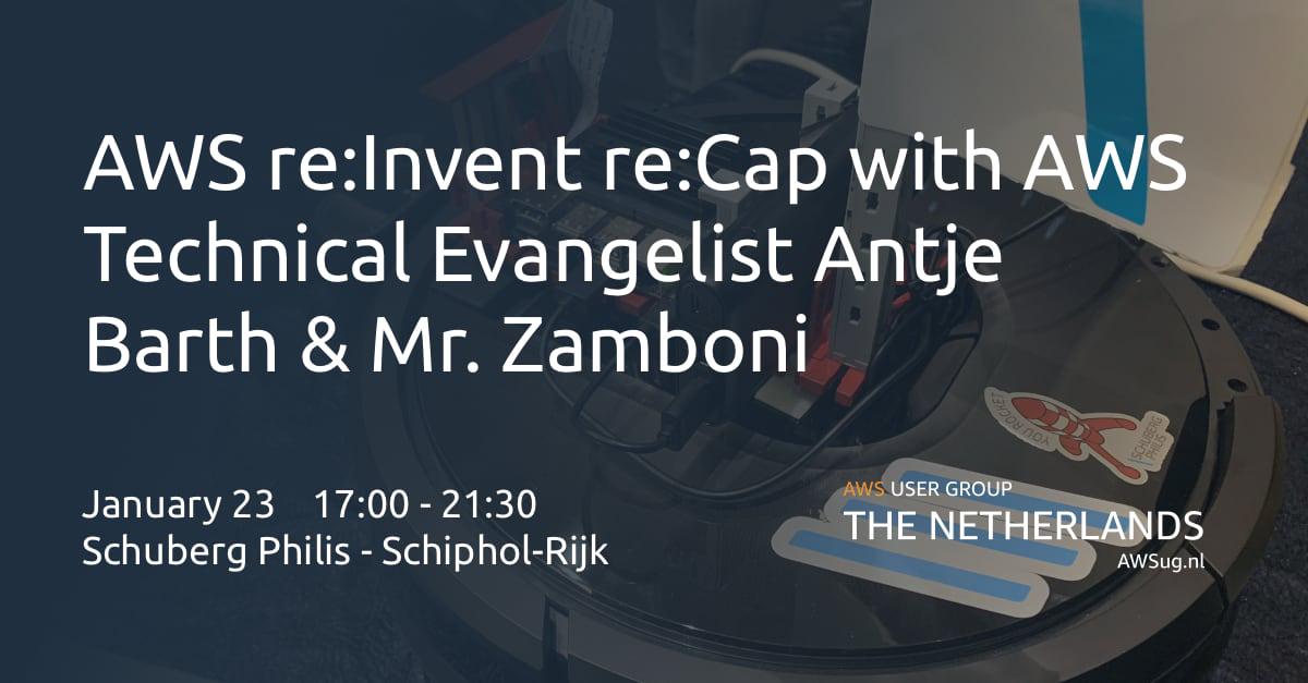 Banner for AWS re:Invent re:Cap with AWS Technical Evangelist Antje Barth & Mr. Zamboni